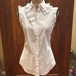 White Sleeveless Ruffled Button Down Blouse
